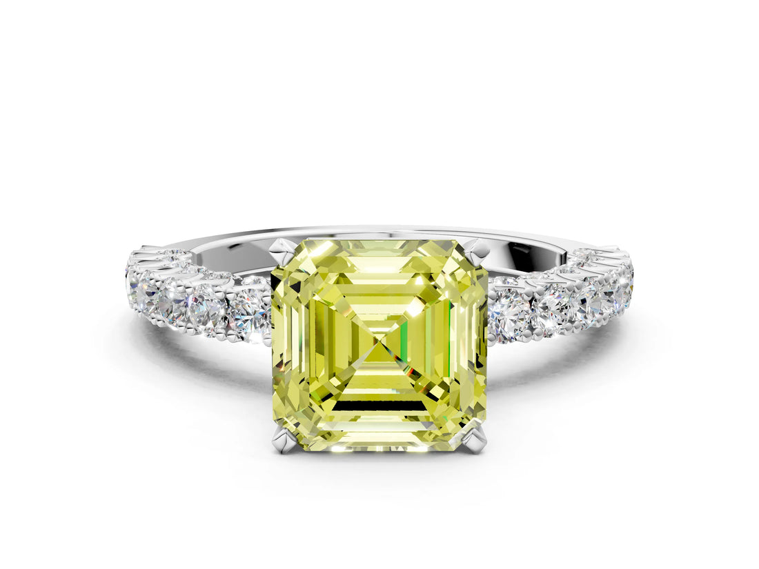 White gold Fancy Yellow Asscher Cut Diamond Pavé Band Solitaire Ring with Prong Setting_17