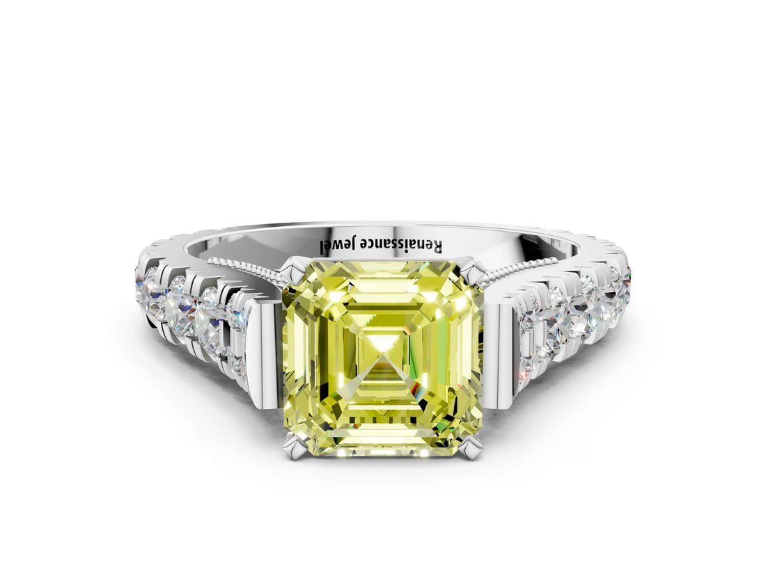 White gold Fancy Yellow Asscher  Cut Diamond Pavé Band Solitaire with Four-Prong Setting_15