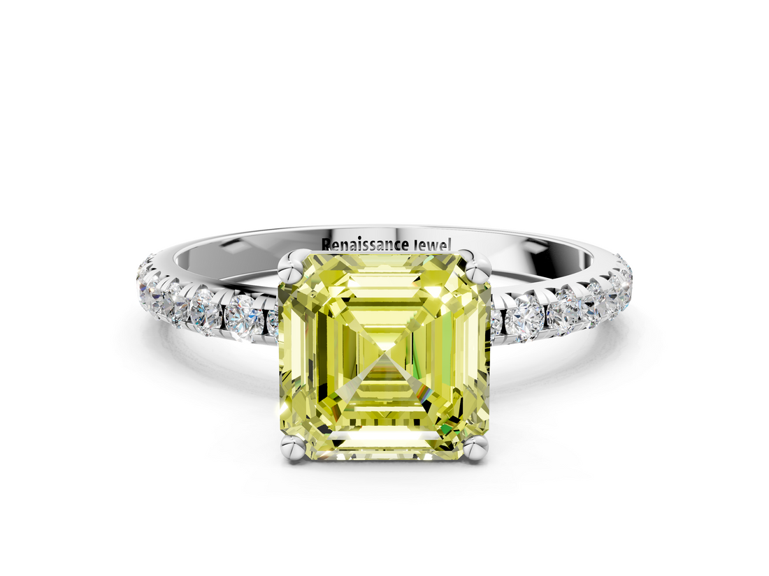 White gold Fancy Yellow Asscher  Cut Diamond Pavé Band Solitaire with Four-Prong Setting_3