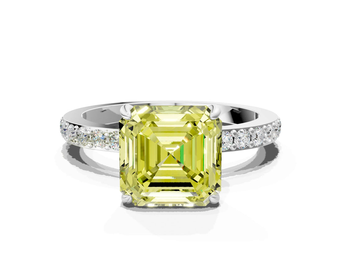 White gold Fancy Yellow Asscher Cut Diamond Pavé Engagement Ring with Round  Accents and Prong Setting_70