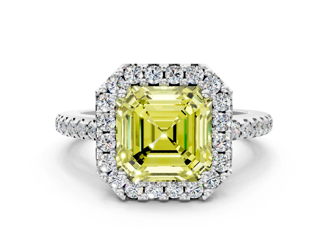 White gold Fancy Yellow Asscher Cut Diamond Pavé Halo Ring with Four-Prong Setting_57