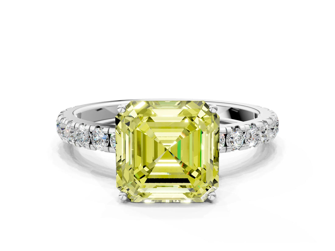 White gold Fancy Yellow Asscher Cut Diamond Pavé Solitaire Engagement Ring with Four-Prong Setting_84