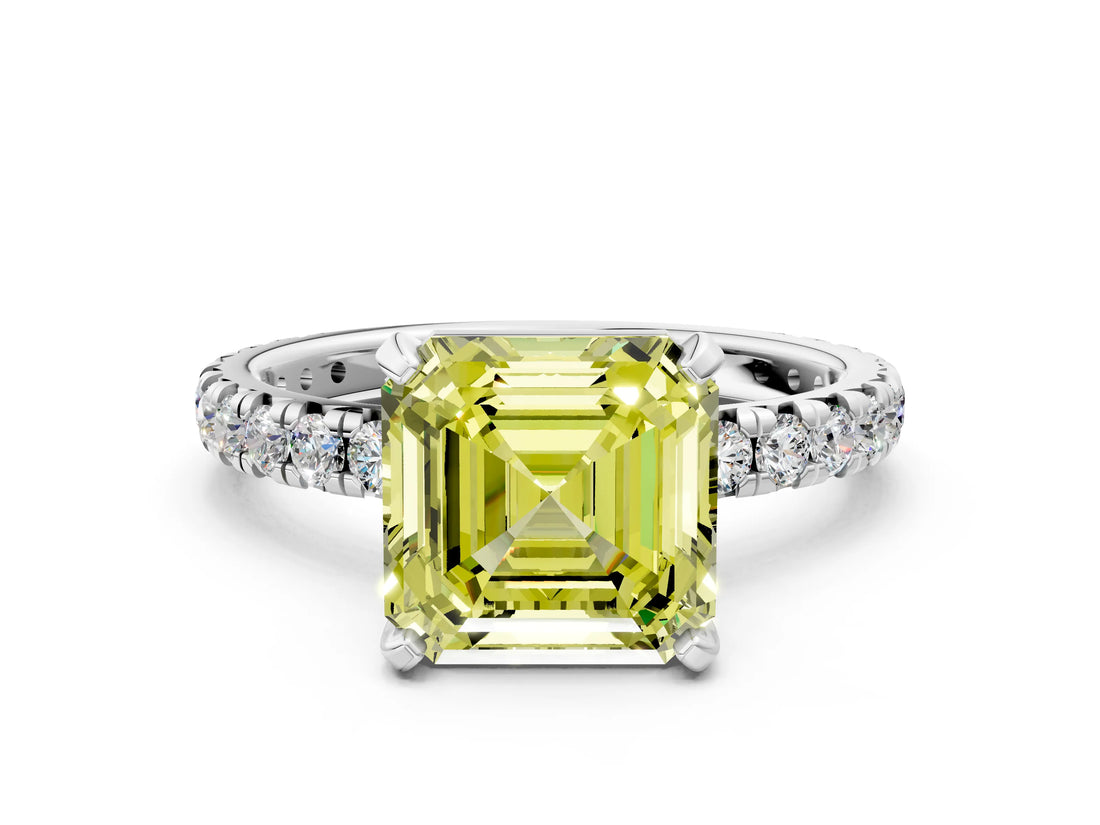 White gold Fancy Yellow Asscher Cut Diamond Pavé Solitaire Ring with Round Band and Prong Setting_16