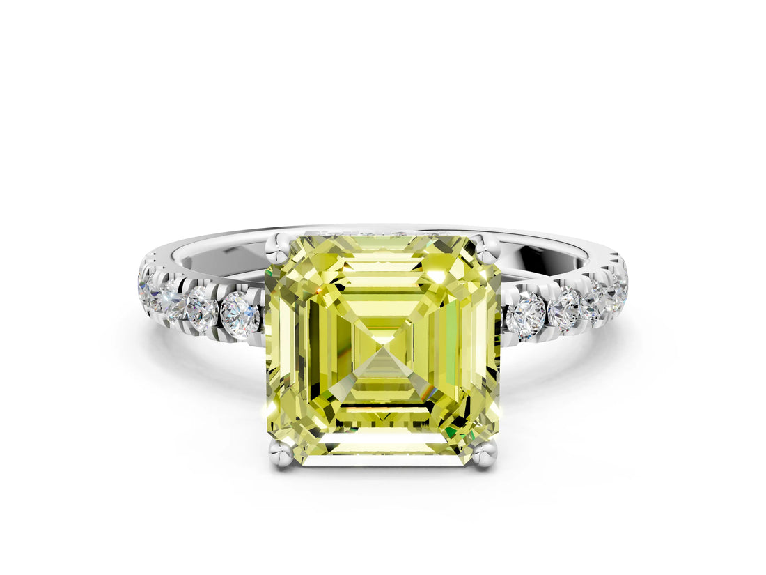 White gold Fancy Yellow Asscher Cut Diamond Pave Band Solitaire Ring with Round  and Prong Setting_89