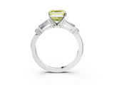 White gold Fancy Yellow Asscher  Cut Diamond Ring with Baguette Side Stones, Channel Set Band, and Four-Prong Setting_15