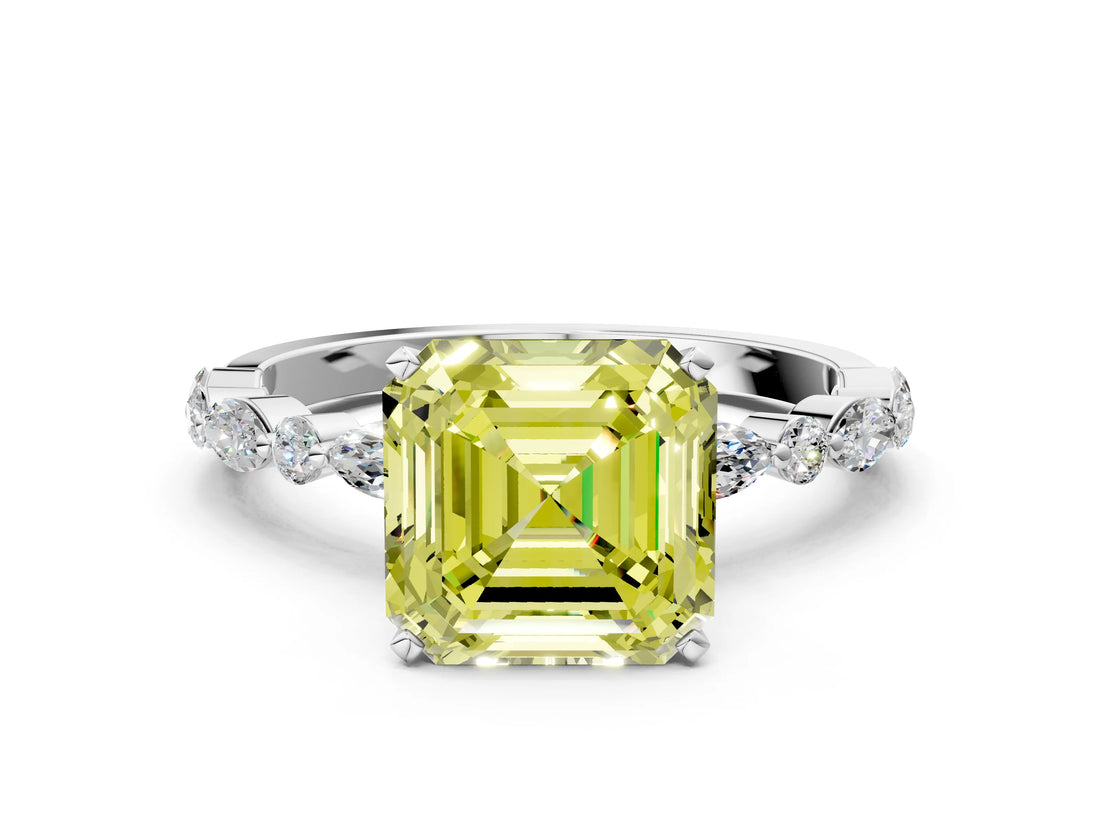 White gold Fancy Yellow Asscher Cut Diamond Ring with Marquise and Round  Side Stones and Four-Prong Setting_41