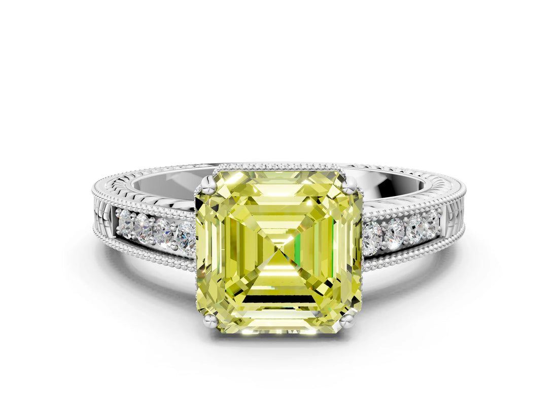 White gold Fancy Yellow Asscher Cut Diamond Ring with Milgrain Pavé Band and Four-Prong Setting_32