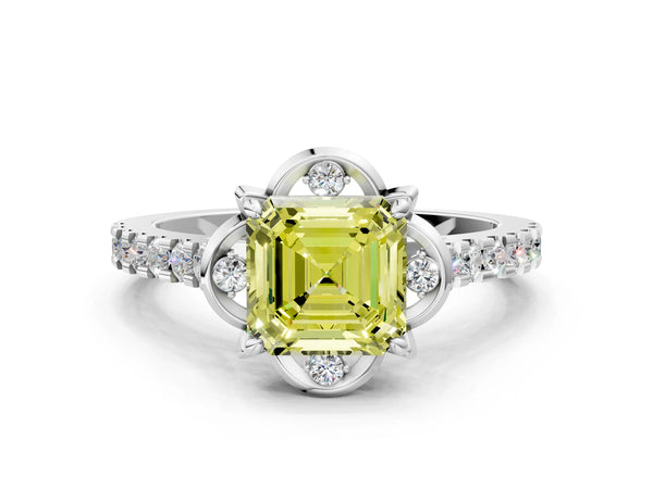 Platinum Asscher Cut Floral Petal Pave Engagement Ring Setting for Fancy Yellow Center