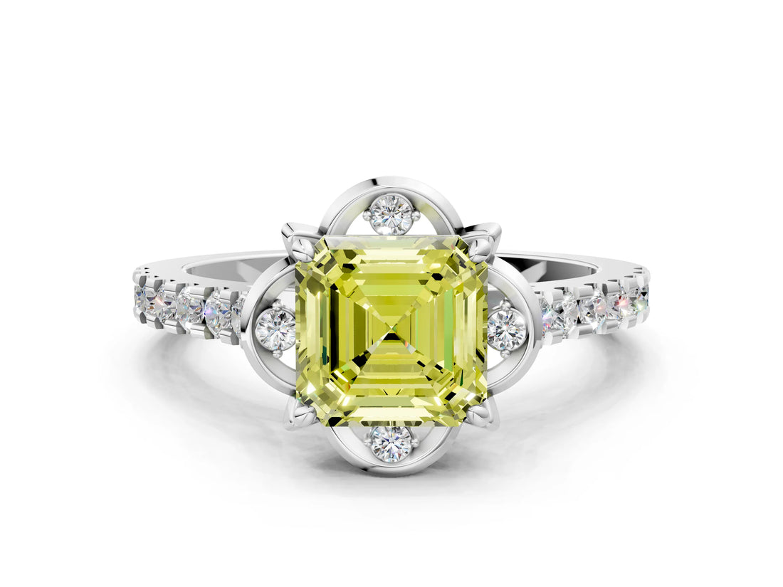 White gold Fancy Yellow Asscher Cut Diamond Ring with Pavé Band and Floral Prong Setting_39