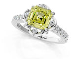 White gold Fancy Yellow Asscher Cut Diamond Ring with Pavé Band and Floral Prong Setting_40