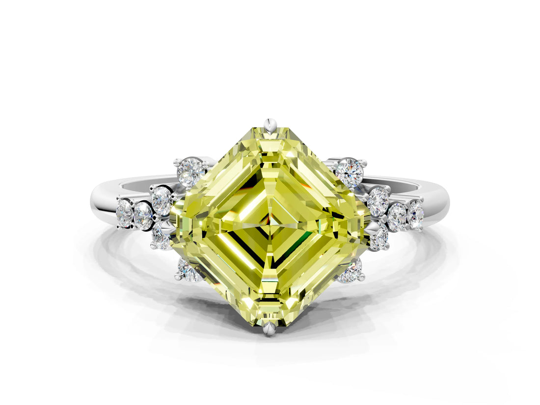 White gold Fancy Yellow Asscher Cut Diamond Ring with Side Stones and Four-Prong Setting_116