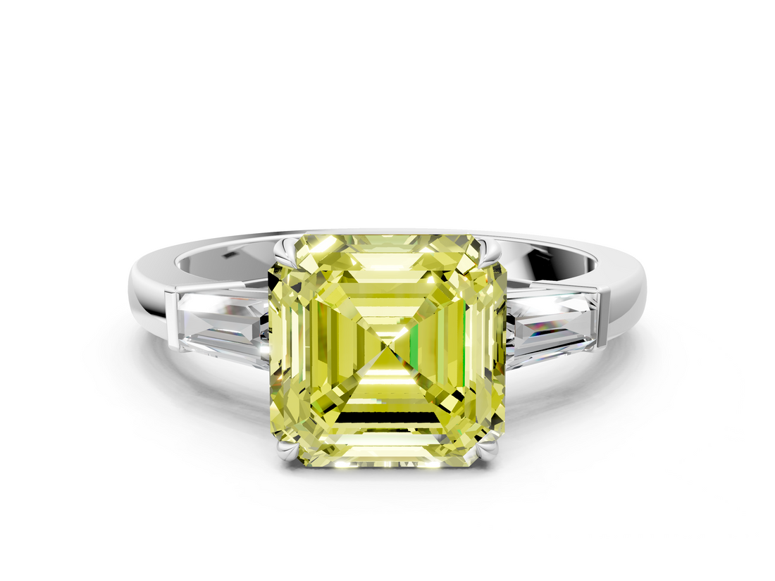 White gold Fancy Yellow Asscher  Cut Diamond Ring with Tapered Baguette Side Stones in Four-Prong Setting_3