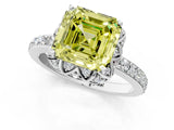 White gold Fancy Yellow Asscher Cut Diamond Scalloped Halo Engagement Ring with Round Shared Prong Band_14