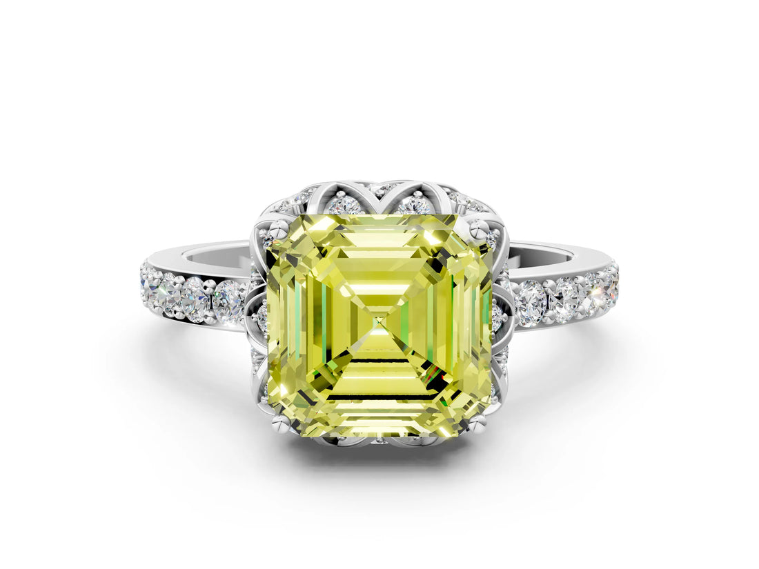 White gold Fancy Yellow Asscher Cut Diamond Scalloped Halo Engagement Ring with Round Shared Prong Band_43