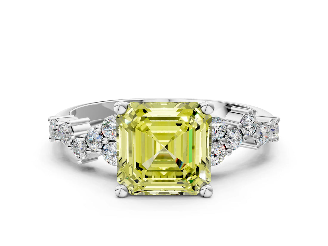 White gold Fancy Yellow Asscher Cut Diamond Scattered Round Accent Ring with Prong Setting_12
