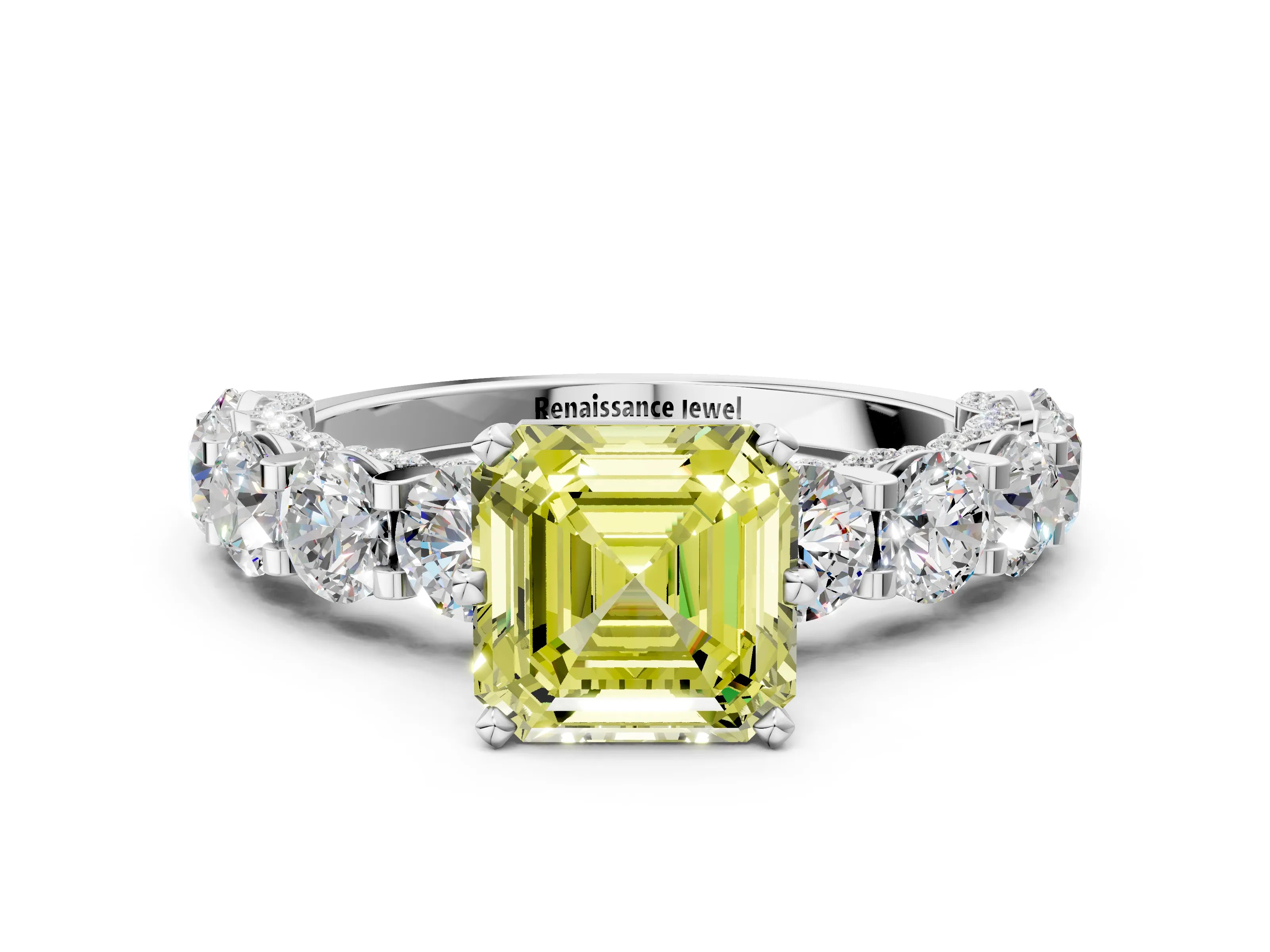 White gold Fancy Yellow Asscher Cut Diamond Side Stone Engagement Ring with Four-Prong Setting_36