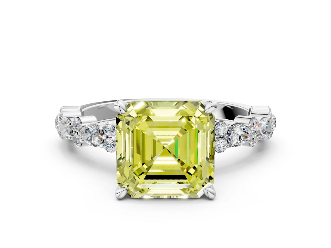 White gold Fancy Yellow Asscher Cut Diamond Side Stone Solitaire Ring with Round  and Four-Prong Setting_24