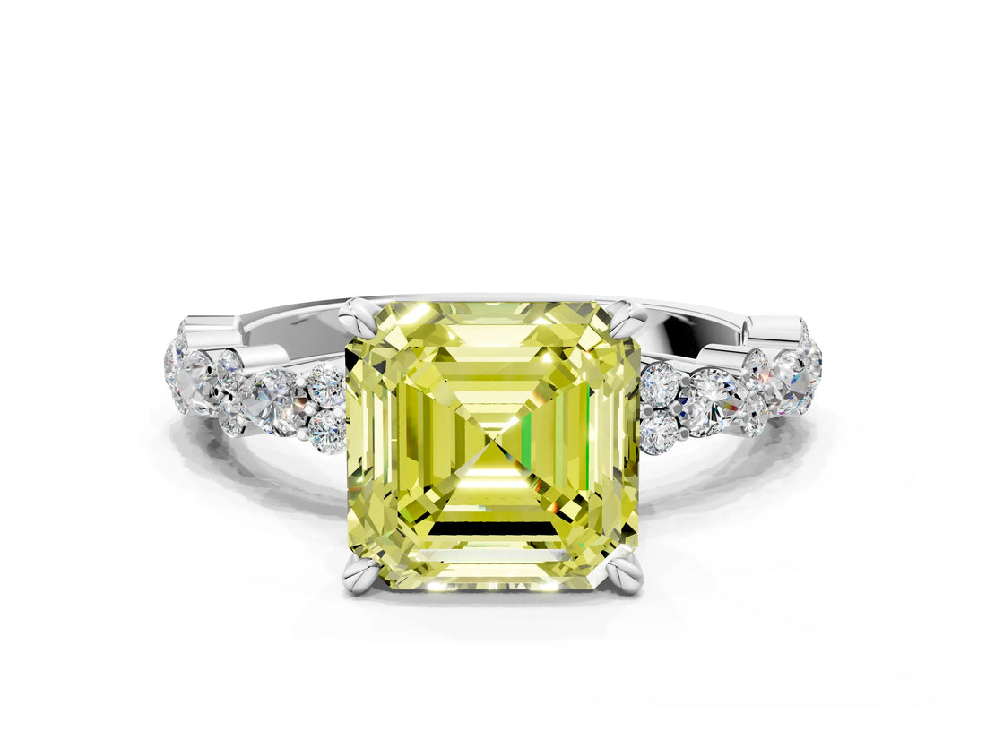 White gold Fancy Yellow Asscher Cut Diamond Side Stone Solitaire Ring with Round  and Four-Prong Setting_94