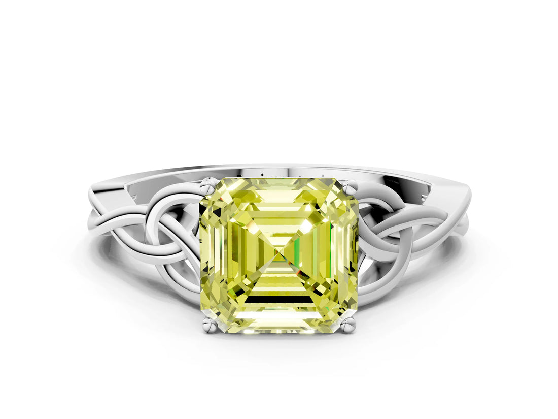 White gold Fancy Yellow Asscher Cut Diamond Solitaire Celtic Knot Ring with Four-Prong Setting_62