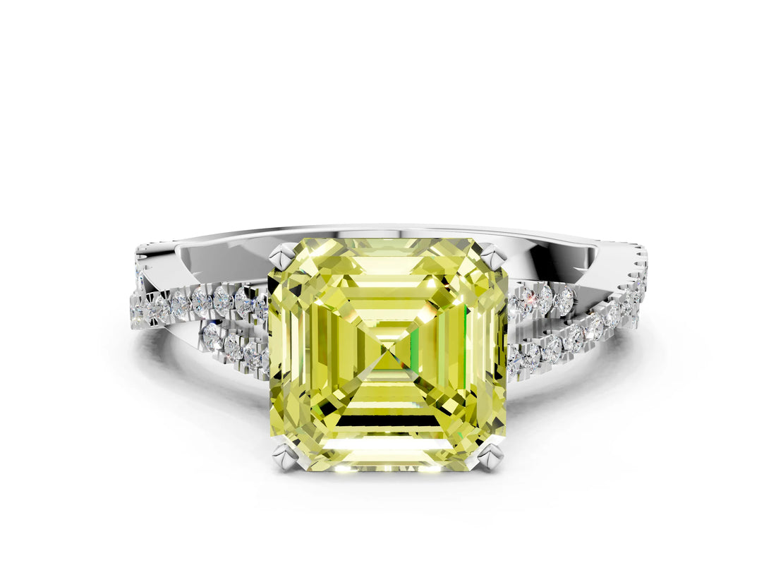 White gold Fancy Yellow Asscher Cut Diamond Solitaire Engagement Ring with Twisted Pavé Band and Four-Prong Setting_98