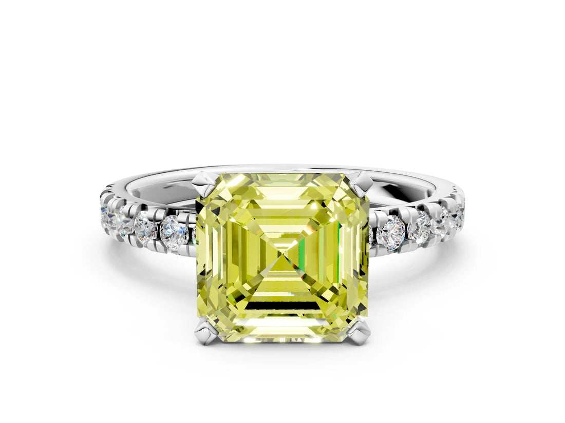 White gold Fancy Yellow Asscher Cut Diamond Solitaire Pavé Engagement Ring with Round Band and Prong Setting_54