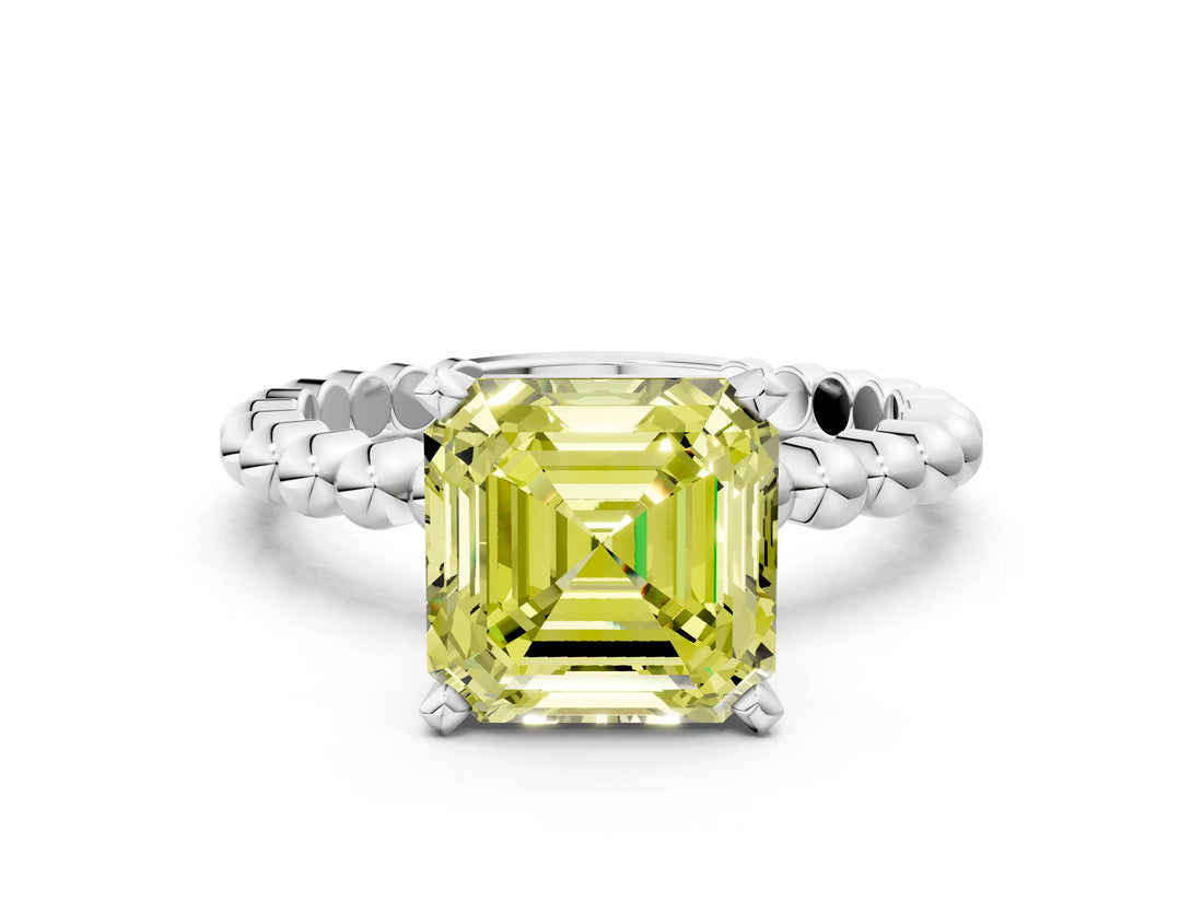 White gold Fancy Yellow Asscher Cut Diamond Solitaire Ring with Beaded Band and Prong Setting_124