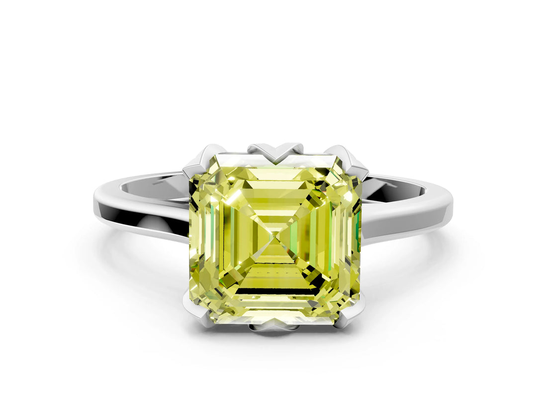 White gold Fancy Yellow Asscher Cut Diamond Solitaire Ring with Flower Prong Setting and Classic Band_133
