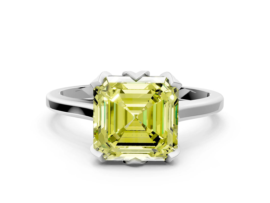 White gold Fancy Yellow Asscher Cut Diamond Solitaire Ring with Flower Prong Setting and Classic Band_14