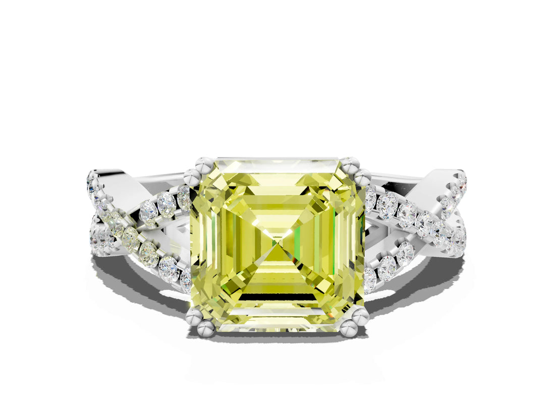 White gold Fancy Yellow Asscher Cut Diamond Solitaire Ring with Four-Prong Setting and Twisted Pavé Band_17