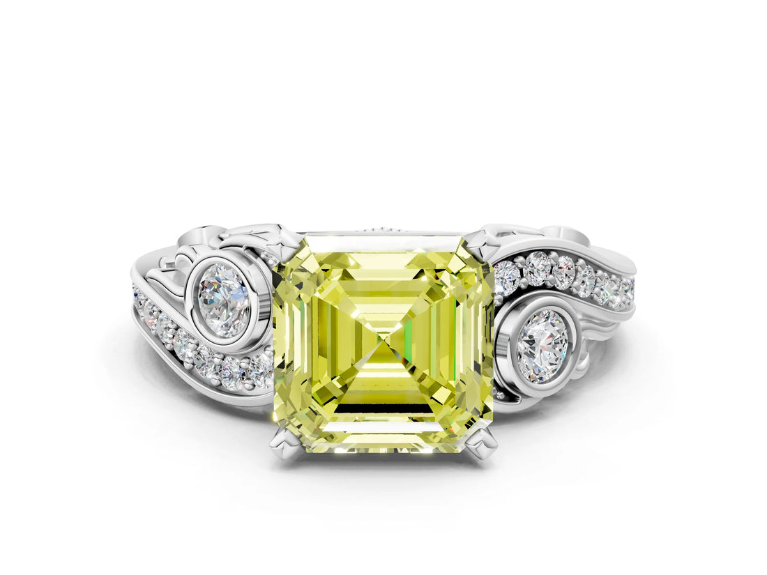 White gold Fancy Yellow Asscher Cut Diamond Solitaire Ring with Milgrain Pavé Band and Four-Prong Setting_52