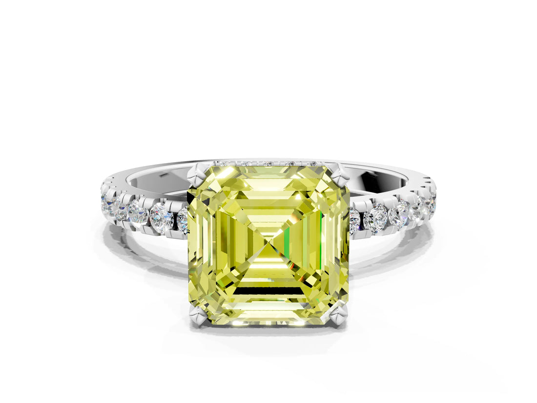 White gold Fancy Yellow Asscher Cut Diamond Solitaire Ring with Pavé Band and Four-Prong Setting_64