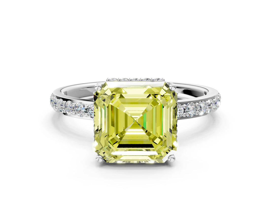 White gold Fancy Yellow Asscher Cut Diamond Solitaire Ring with Pavé Band and Hidden Halo_32