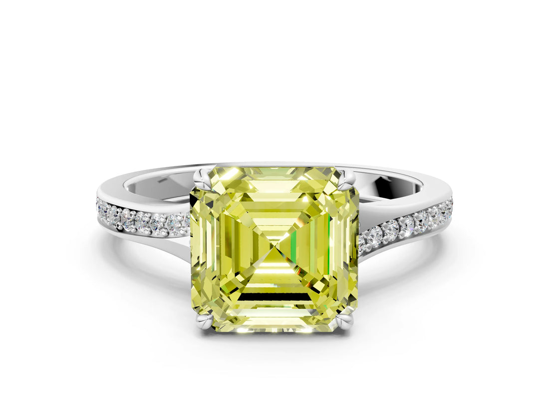 White gold Fancy Yellow Asscher Cut Diamond Solitaire Ring with Pavé Band and Prong Setting_12