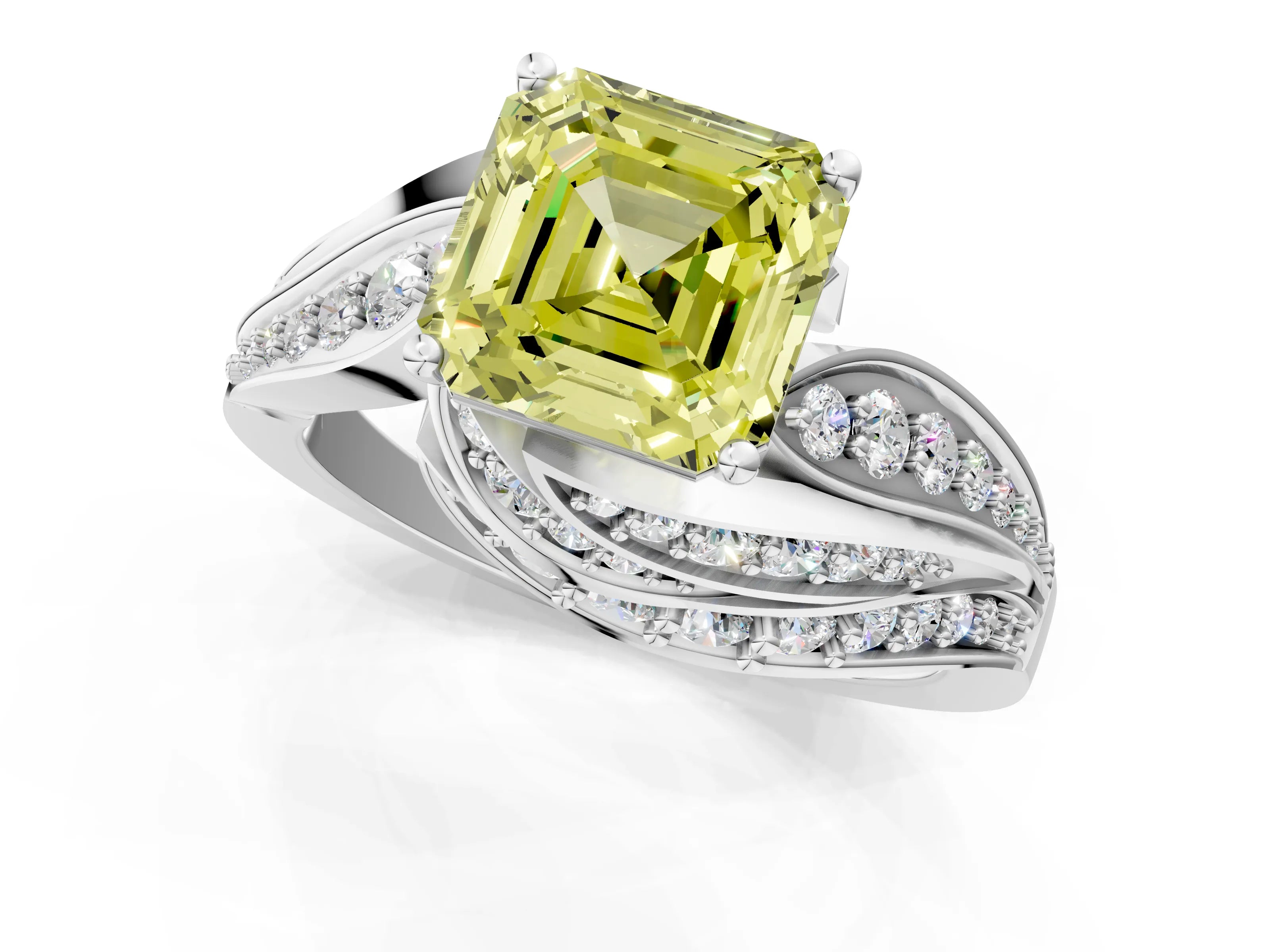 White gold Fancy Yellow Asscher Cut Diamond Solitaire Ring with Prong Setting and Twisted Pavé Band_1