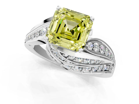 White gold Fancy Yellow Asscher Cut Diamond Solitaire Ring with Prong Setting and Twisted Pavé Band_1