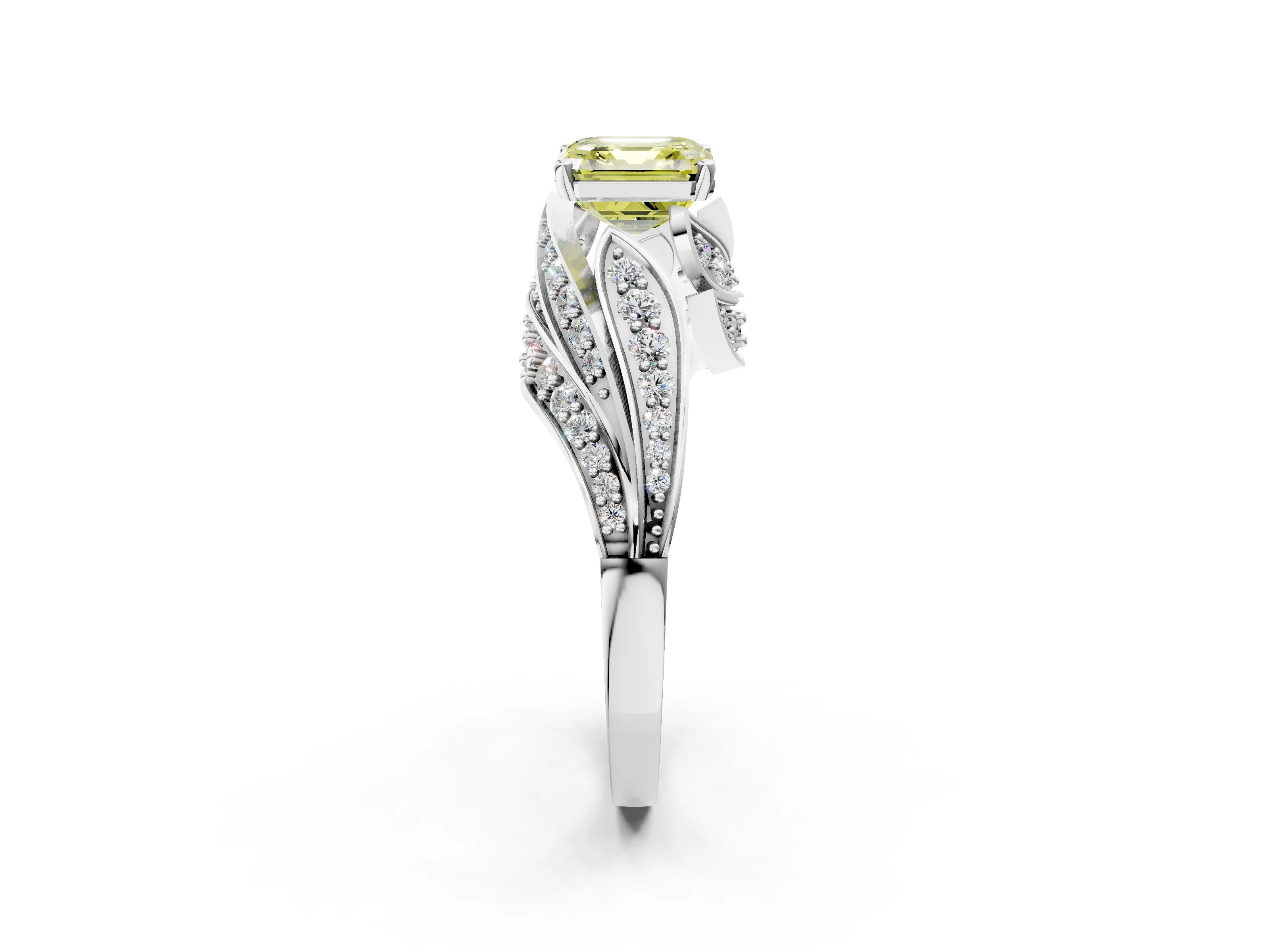White gold Fancy Yellow Asscher Cut Diamond Solitaire Ring with Prong Setting and Twisted Pavé Band_2