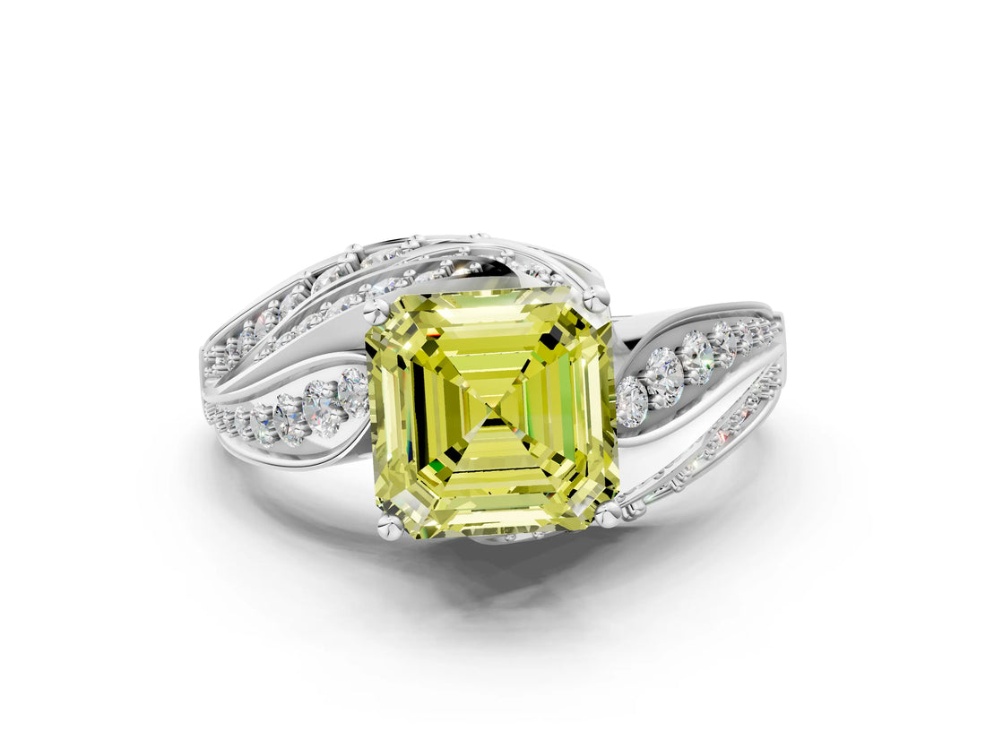 White gold Fancy Yellow Asscher Cut Diamond Solitaire Ring with Prong Setting and Twisted Pavé Band_24