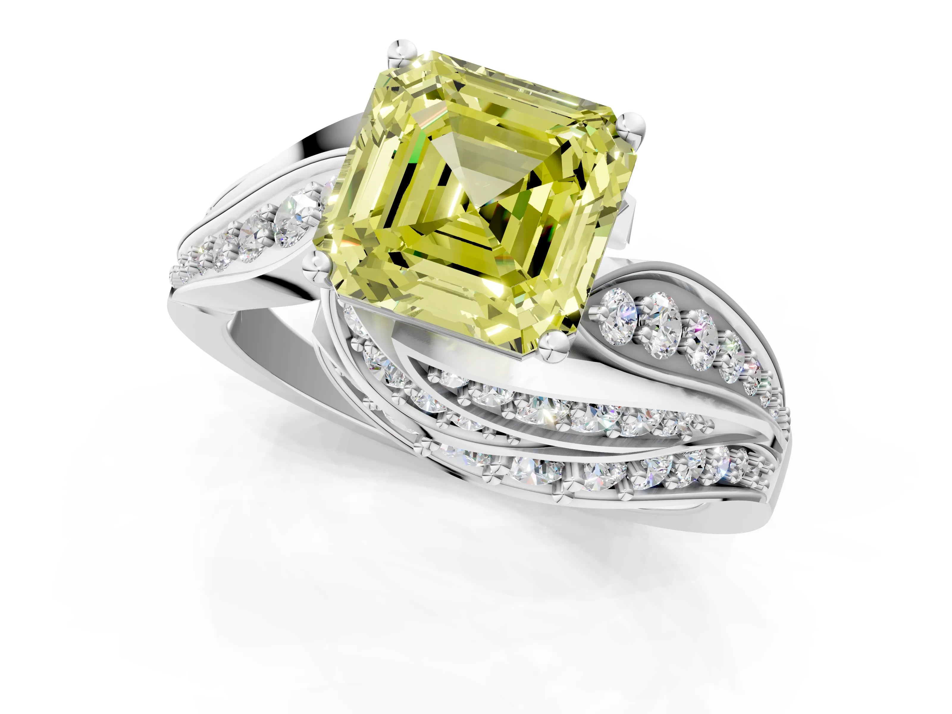 White gold Fancy Yellow Asscher Cut Diamond Solitaire Ring with Prong Setting and Twisted Pavé Band_25
