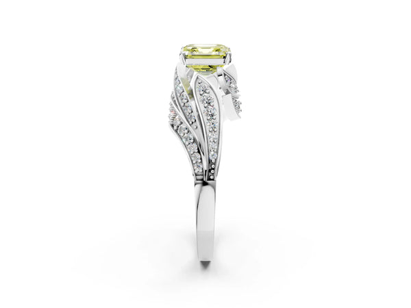 Platinum Asscher Cut Graduated Pave Bypass Engagement Ring Setting for Fancy Yellow Center