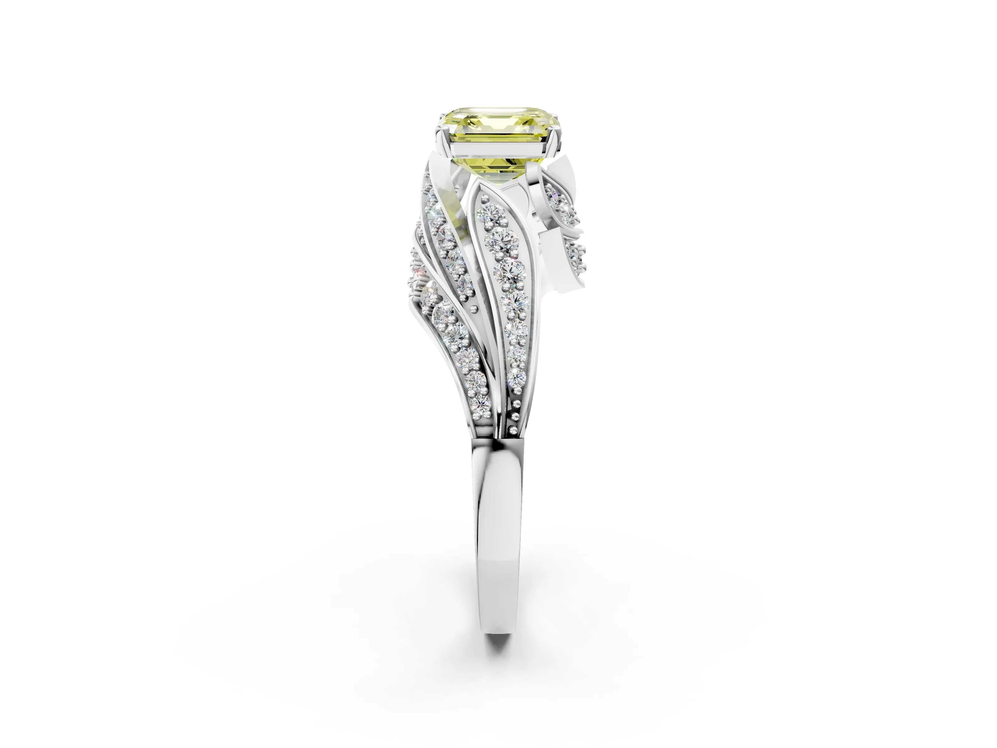 White gold Fancy Yellow Asscher Cut Diamond Solitaire Ring with Prong Setting and Twisted Pavé Band_26