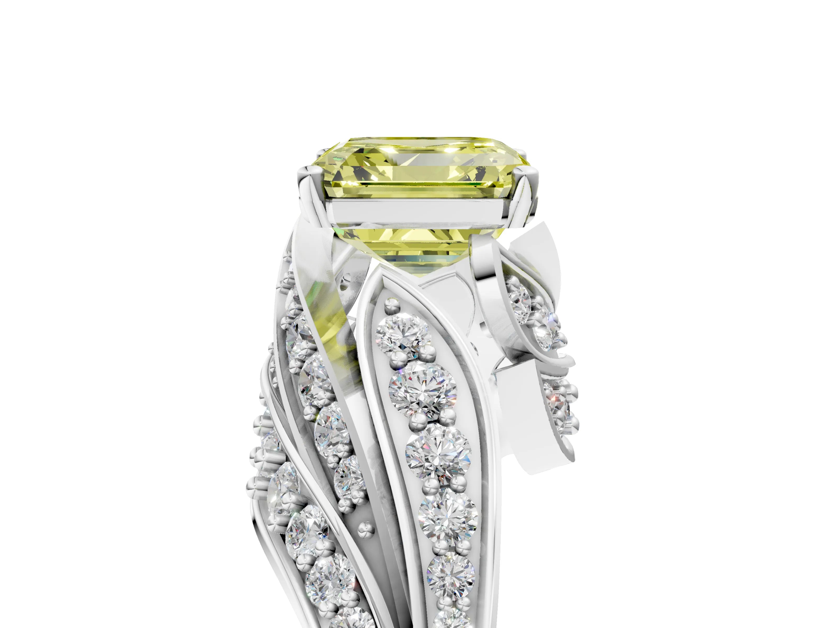 White gold Fancy Yellow Asscher Cut Diamond Solitaire Ring with Prong Setting and Twisted Pavé Band_29