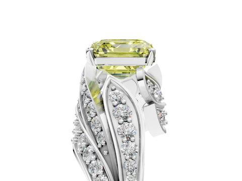 White gold Fancy Yellow Asscher Cut Diamond Solitaire Ring with Prong Setting and Twisted Pavé Band_29