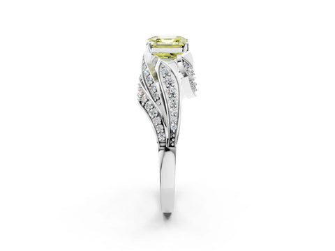 White gold Fancy Yellow Asscher Cut Diamond Solitaire Ring with Prong Setting and Twisted Pavé Band_2