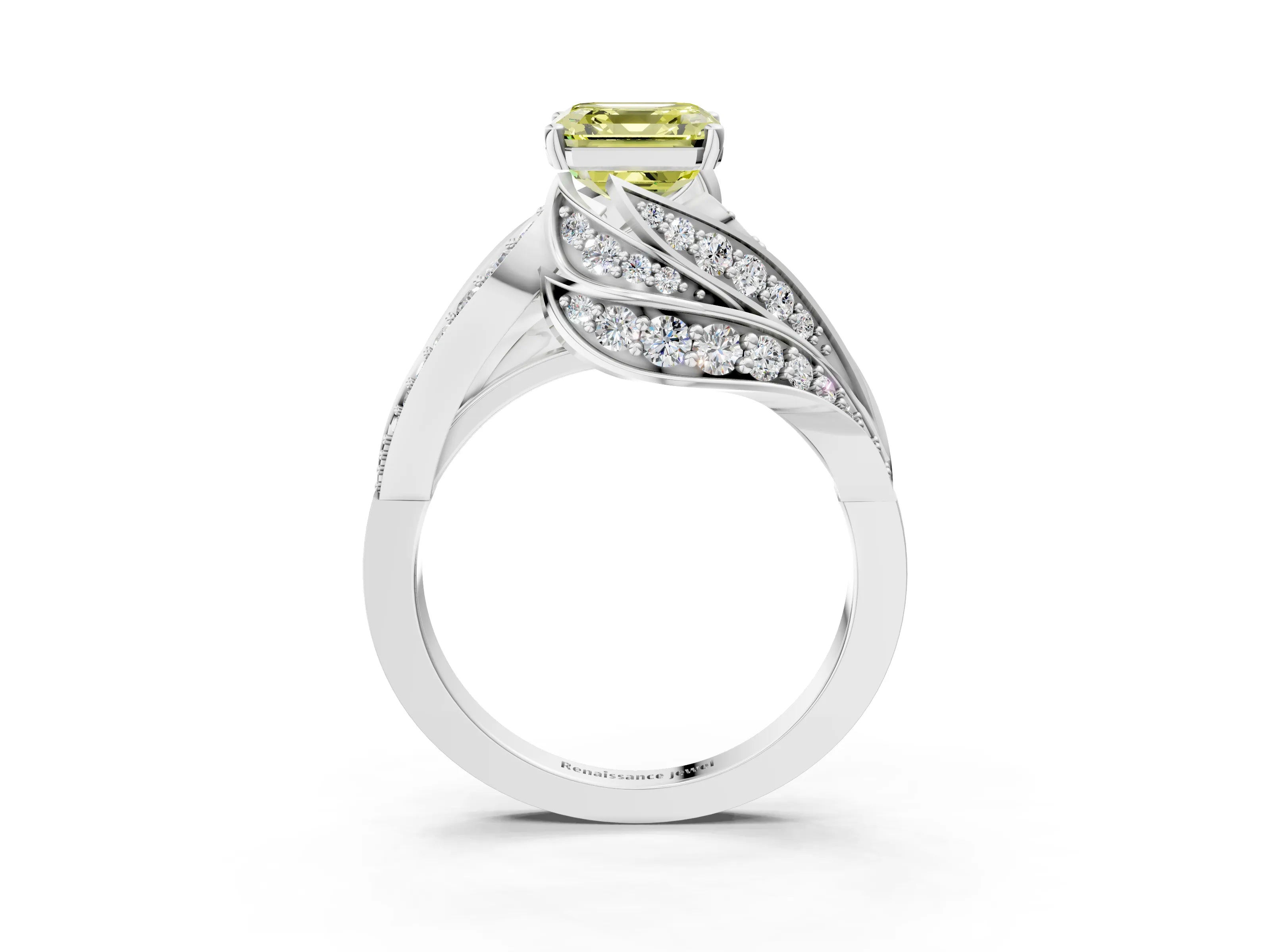 White gold Fancy Yellow Asscher Cut Diamond Solitaire Ring with Prong Setting and Twisted Pavé Band_3