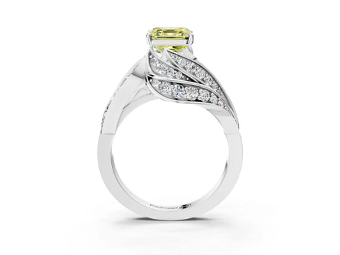 White gold Fancy Yellow Asscher Cut Diamond Solitaire Ring with Prong Setting and Twisted Pavé Band_3