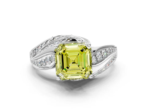 White gold Fancy Yellow Asscher Cut Diamond Solitaire Ring with Prong Setting and Twisted Pavé Band