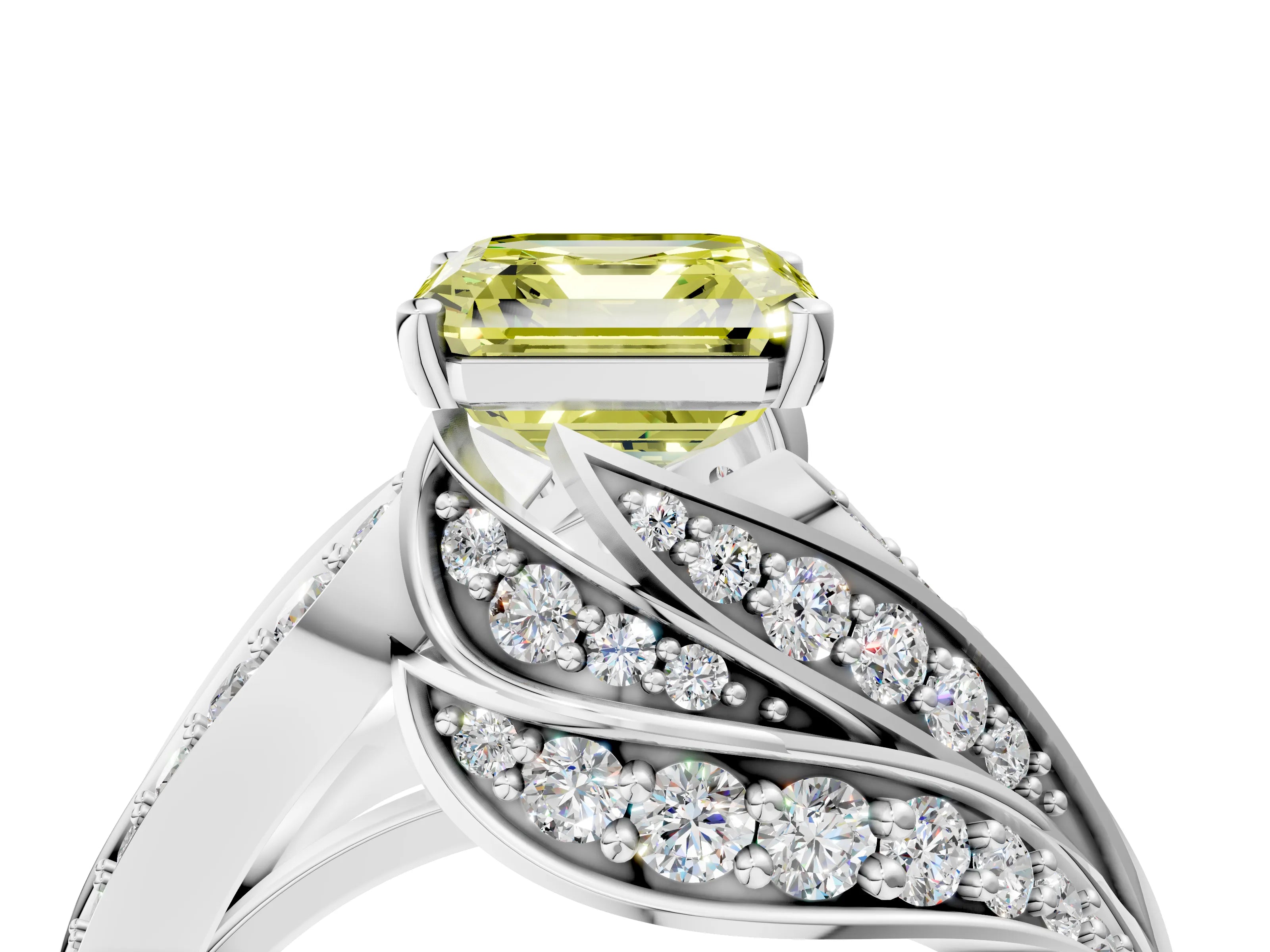 White gold Fancy Yellow Asscher Cut Diamond Solitaire Ring with Prong Setting and Twisted Pavé Band_4