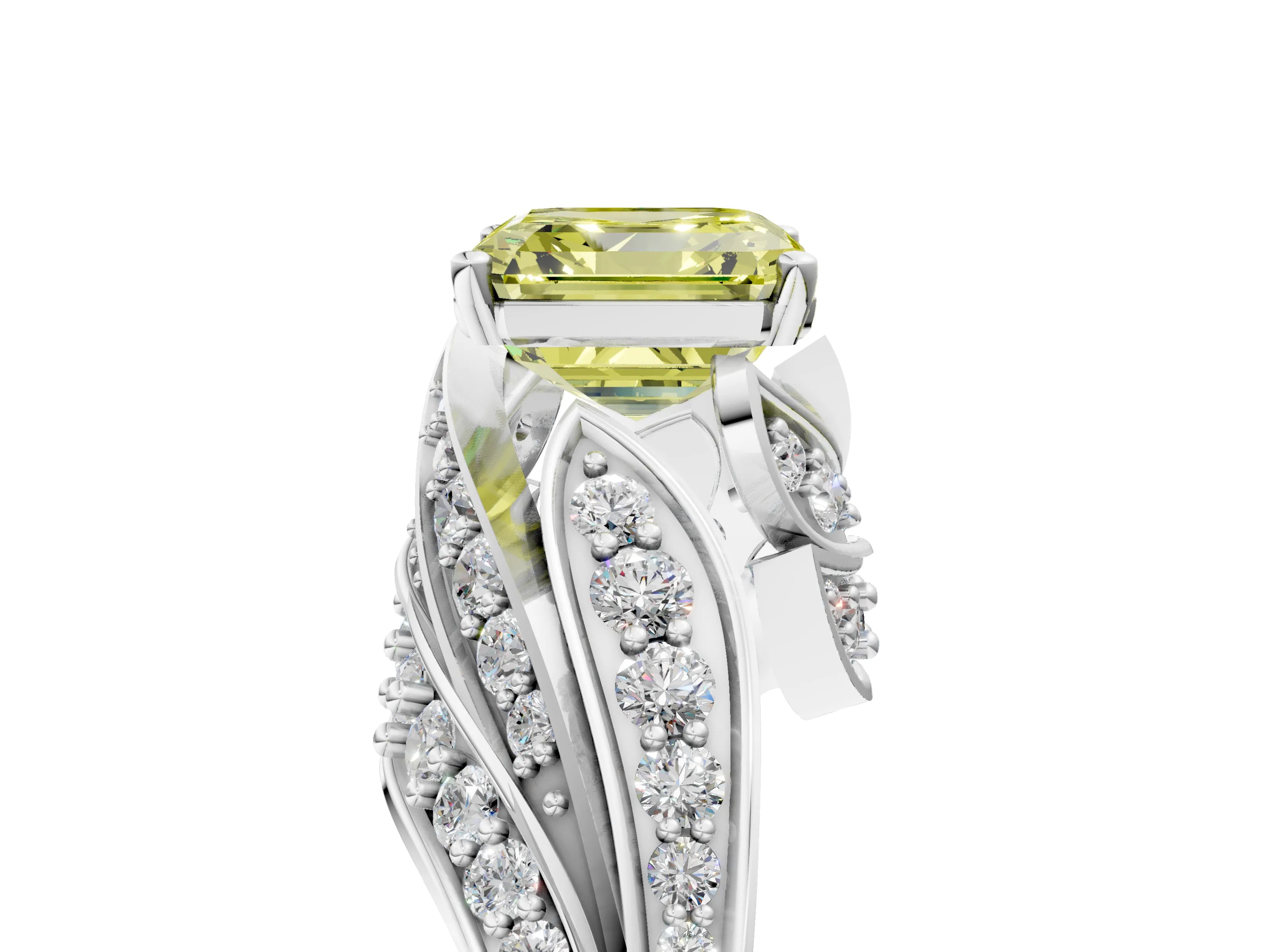 White gold Fancy Yellow Asscher Cut Diamond Solitaire Ring with Prong Setting and Twisted Pavé Band_5