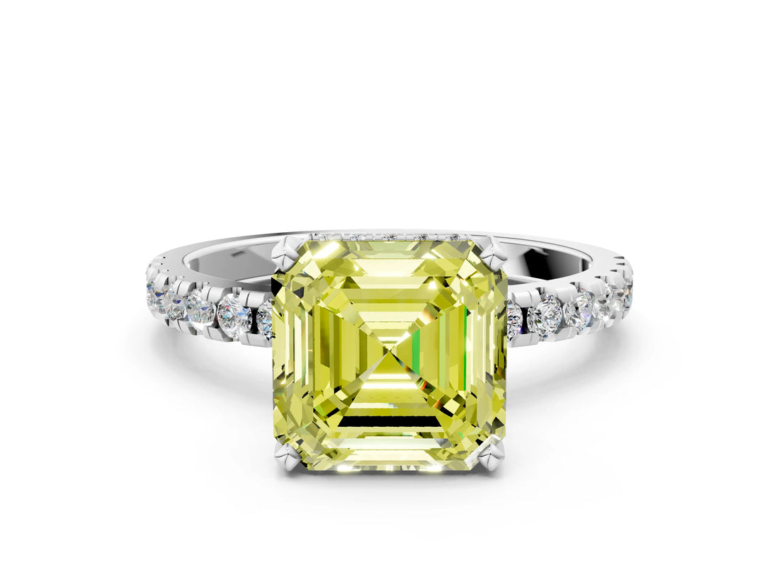 White gold Fancy Yellow Asscher Cut Diamond Solitaire Ring with Round  Pavé Band and Four-Prong Setting_72