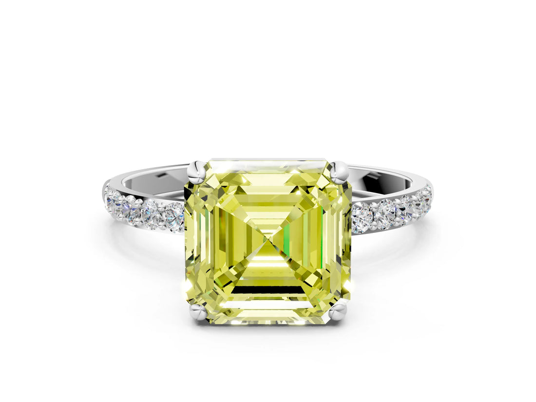 White gold Fancy Yellow Asscher Cut Diamond Solitaire Ring with Round  Pavé Band and Prong Setting_110